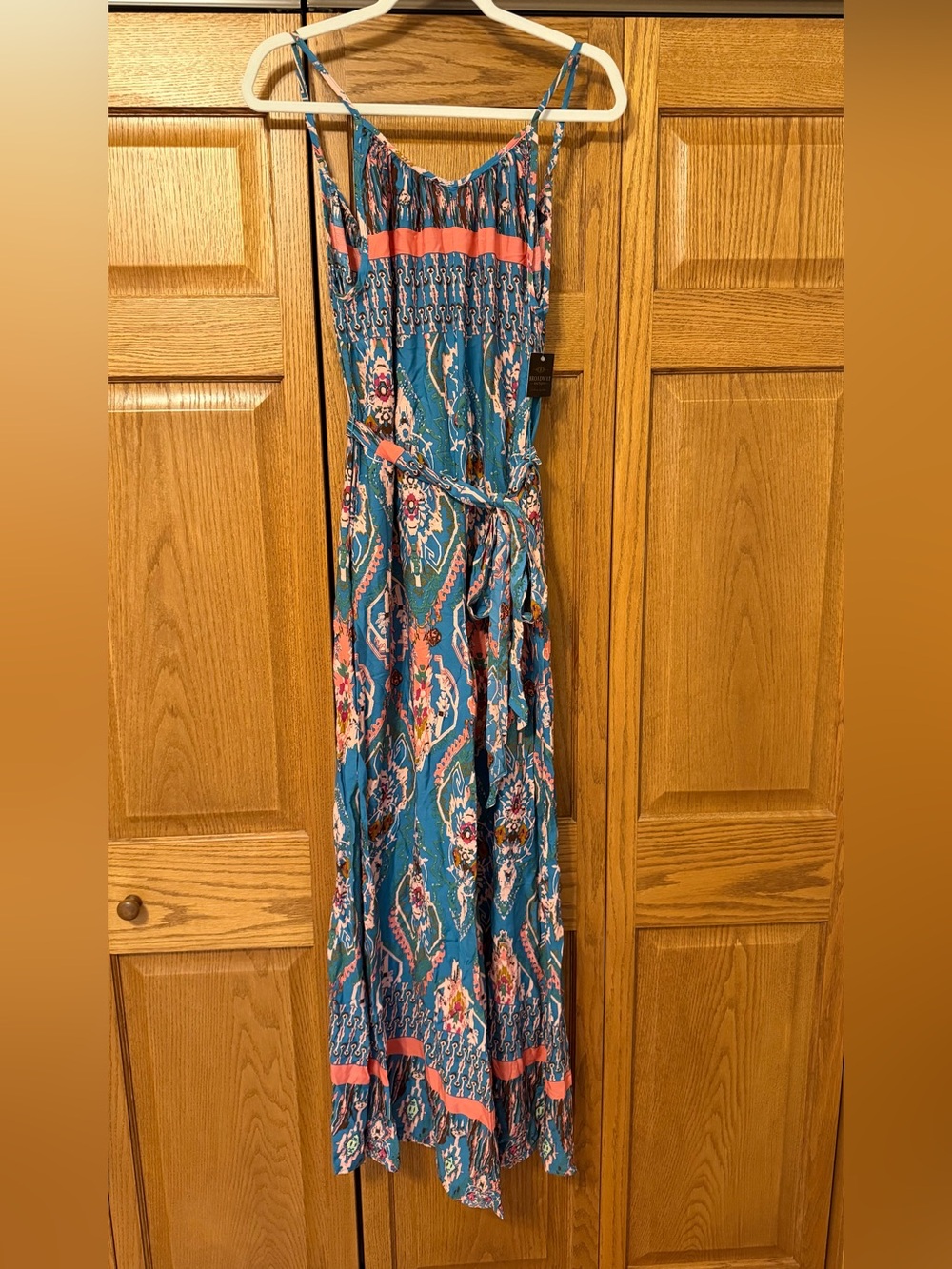 Teal Boho Paisley Maxi Dress with Coral Accents